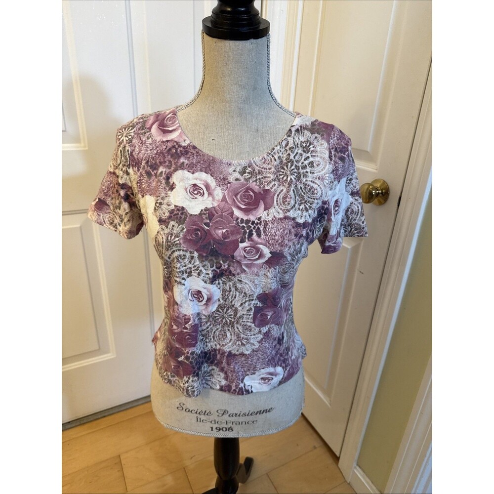 Y2K PRINT MAUVE FLORAL St John Purple Rose Print Cropped Cotton Shirt Size 6